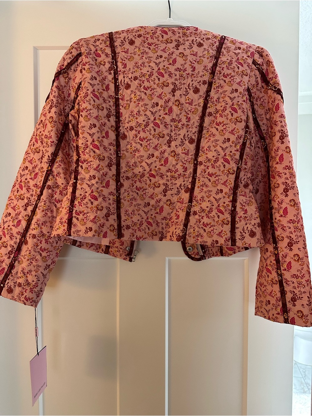 Avec Les Filles Pink Floral Quilted Bomber Jacket with Burgundy Trim - Picture 10 of 10